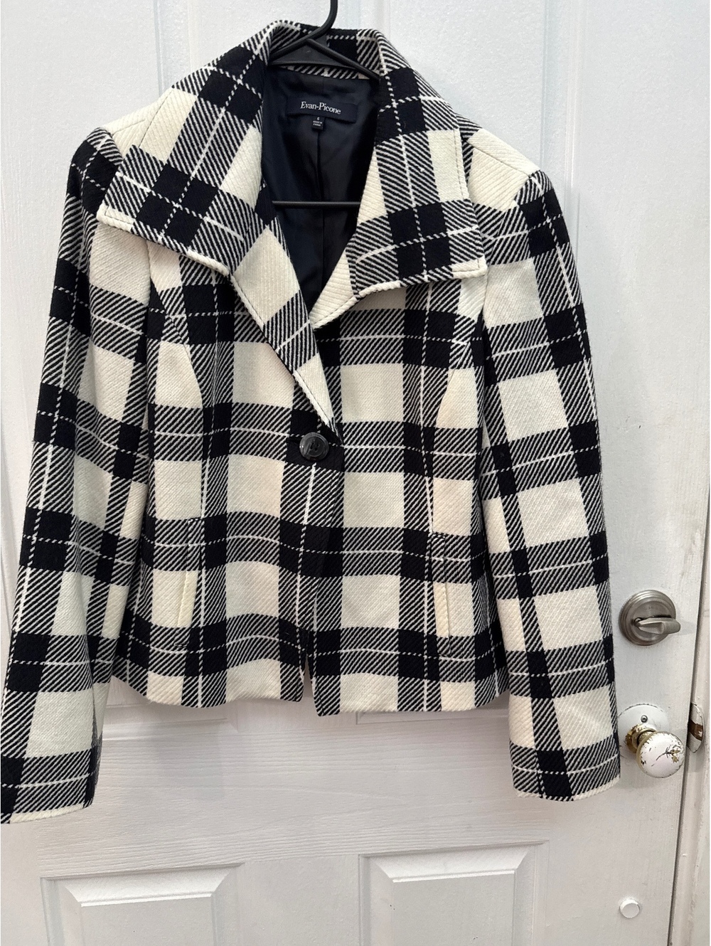 Evan-Picone Black White Plaid Single Button Blazer Jacket, Women's Size 6